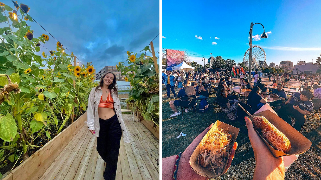 Une personne à la Prairie Louvain. Droite : Le Festival Streetfood Montréal.