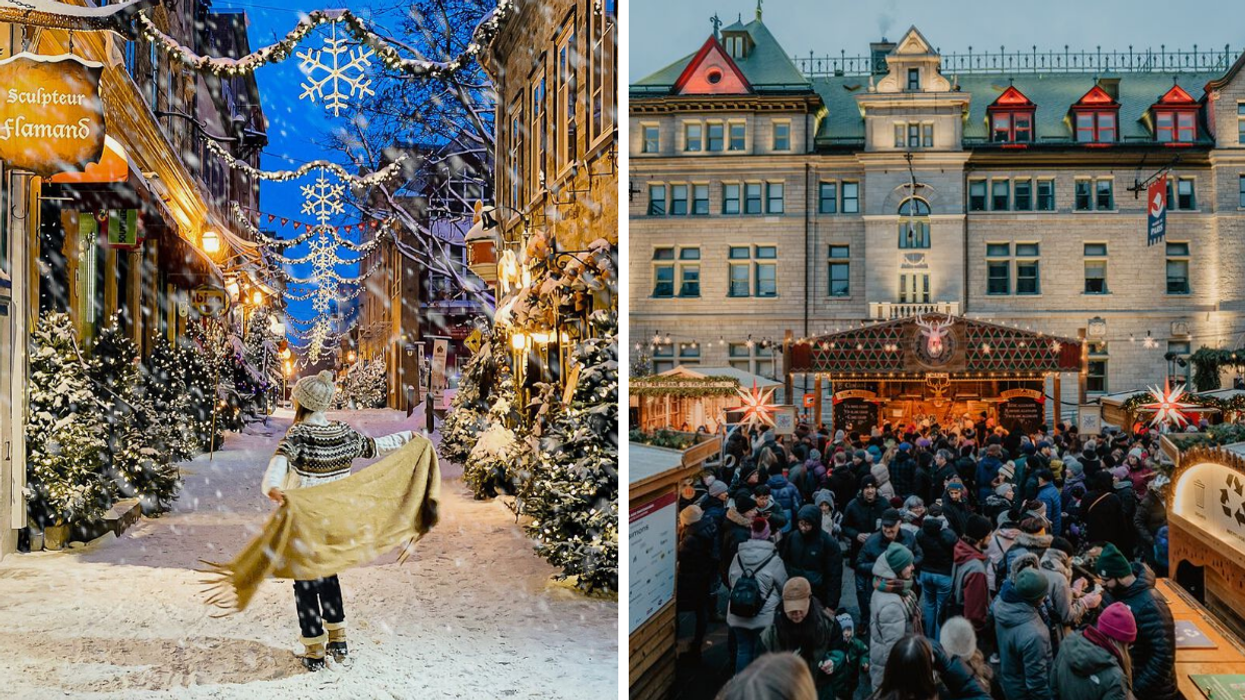 Une personne à Québec en hiver. Droite : Le Marché de Noël allemand de Québec.