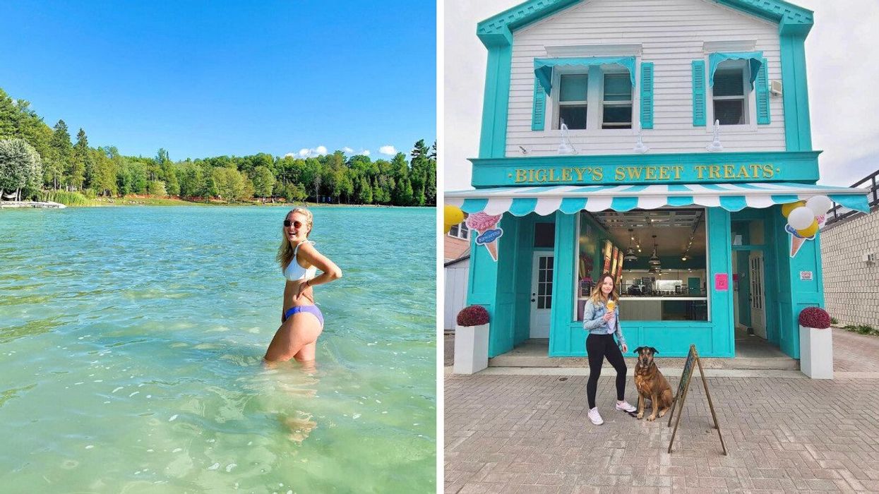 Une personne à Sandy Lake. Droite : Une personne devant un commerce.