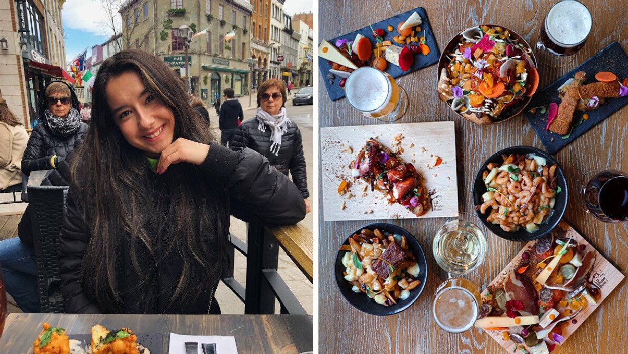 Une personne à table sur une terrasse à Québec. Droite : Une table garnie de plats et de verres vue de haut.
