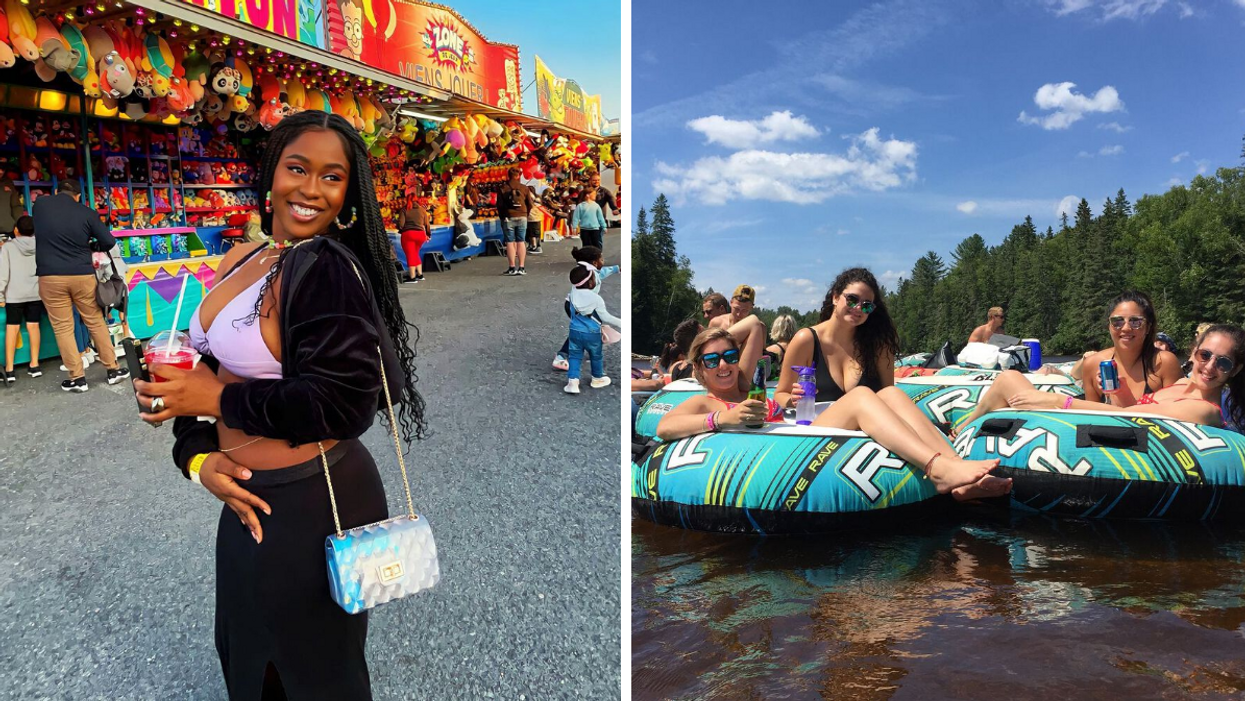 Une personne à une fête foraine. Droite : Un groupe à la Rivière Rouge.