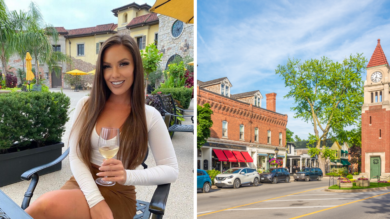 Une personne assise avec un verre de vin à la main. Droite : Un centre-ville historique.