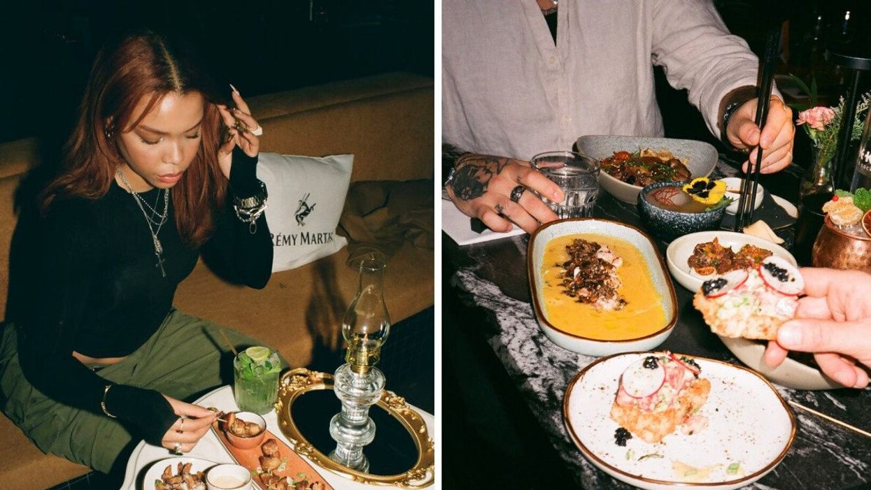 Une personne assise devant son repas dans un speakeasy de Montréal. Droite : Les mains de deux personnes pigeants dans les plats d'un restaurant à Montréal.