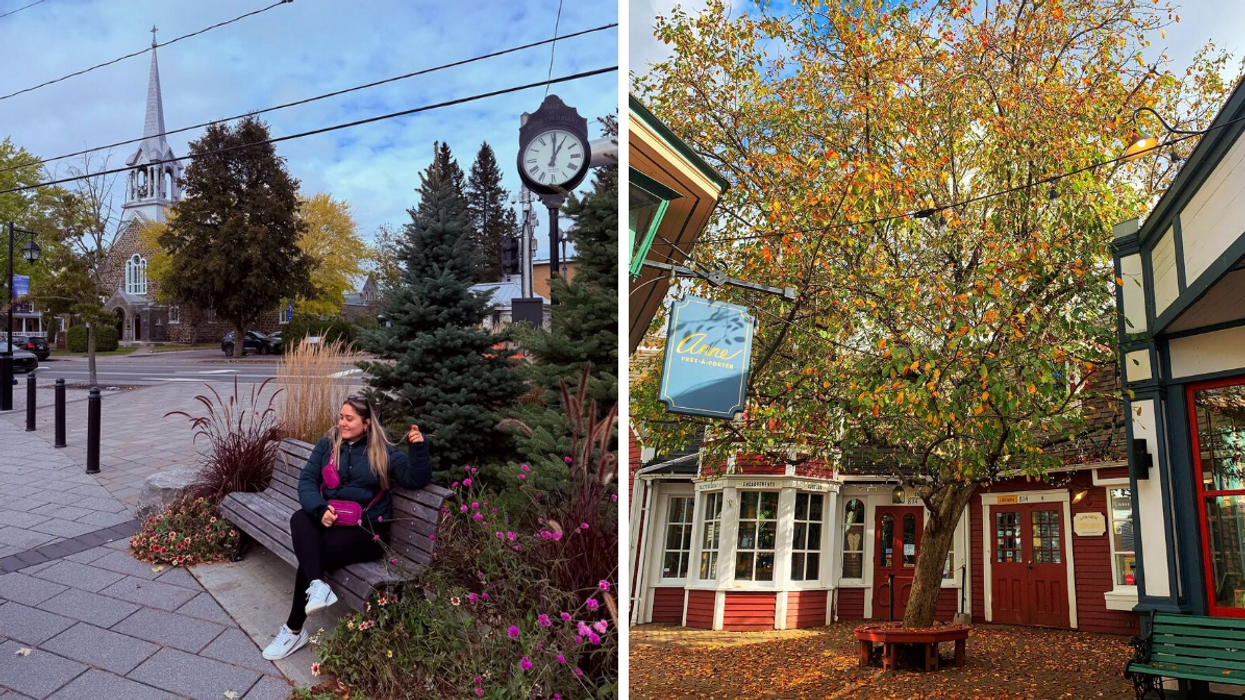 Une personne assise sur un banc dans un village. Droite : Un village du Québec en automne.