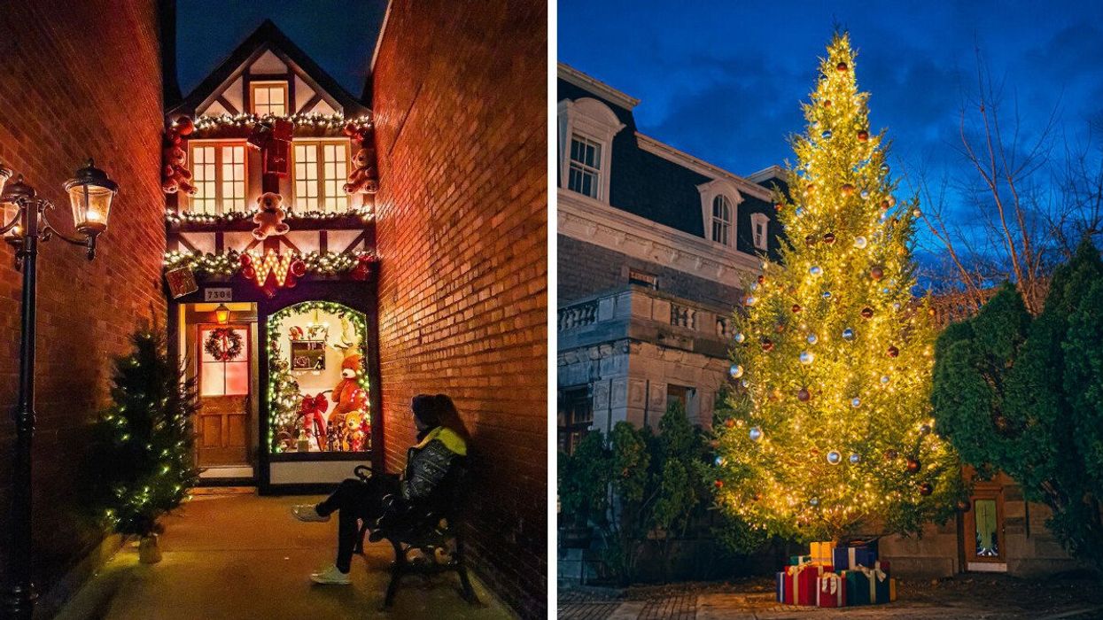 Une personne assise sur un banc devant le décor de la Ruelle Enchantée du Pôle Well. Droite : Sapin géant avec des cadeaux à son pied sur la rue Wellington à Verdun.
