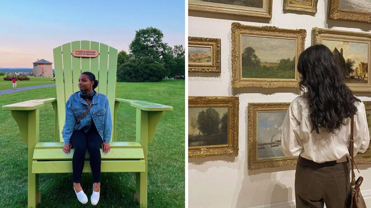 Une personne assise sur une chaise verte géante aux plaines d'Abraham. Droite : Une personne regardant des œuvres d'art au Musée national des beaux-arts du Québec.