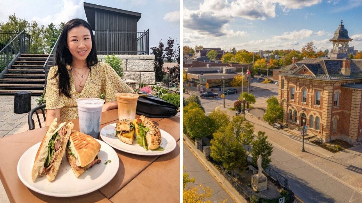 Une personne assise sur une terrasse en Ontario. Droite : Un site historique en Ontario.