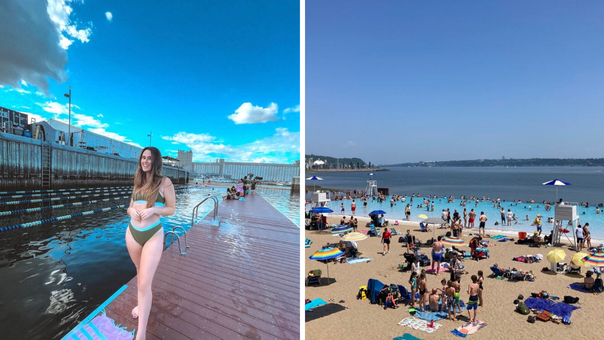 Une personne au bassin louise à Québec. Droite : Une foule à la Station de la Plage.