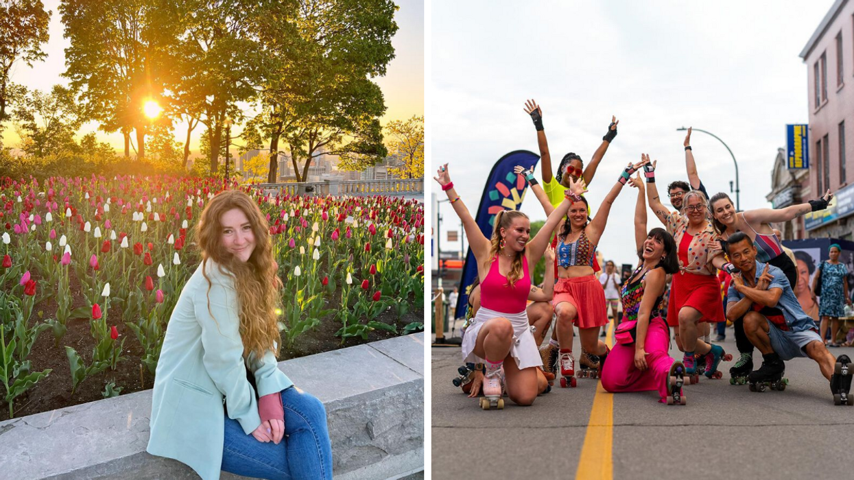 Une personne au belvédère Kondiaronk. Droite : L'équipe de Skate with marly.