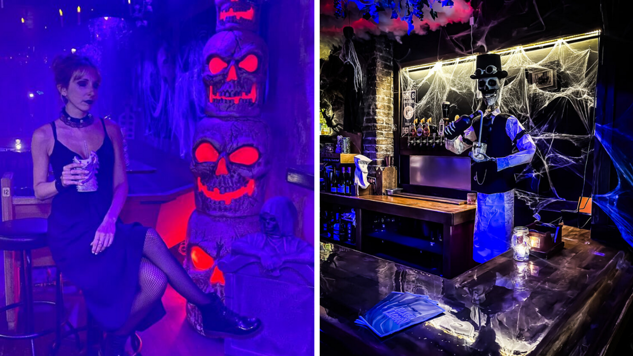 Une personne au Black Lagoon Montréal. Droite : Le décor du 132 Bar Vintage pour le pop up Black Lagoon.