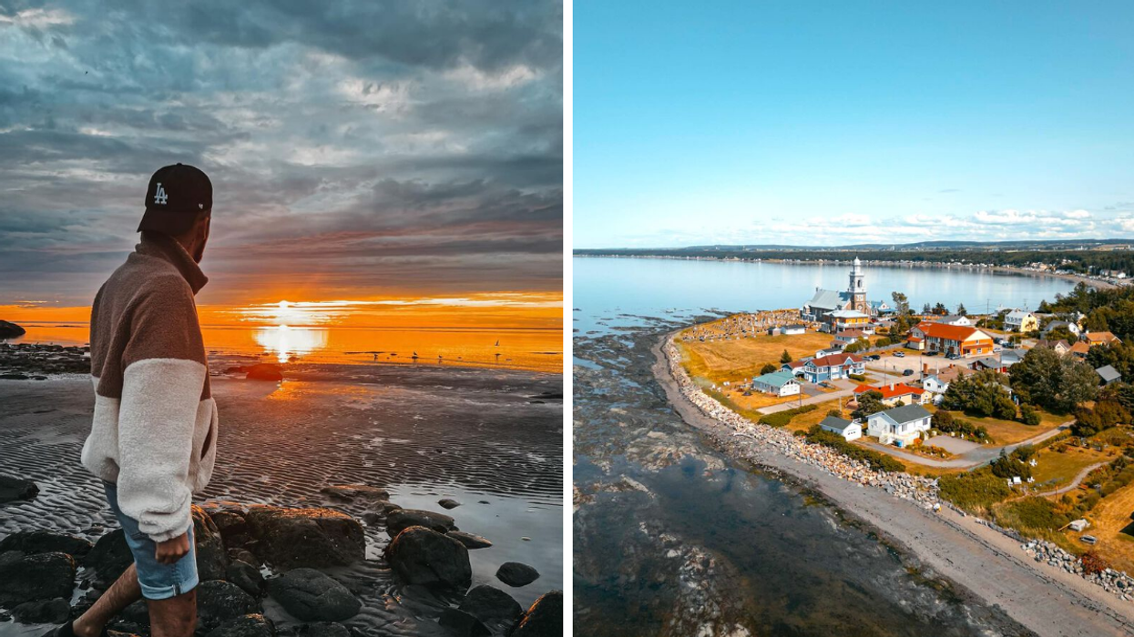 Une personne au bord de l'eau à Sainte-Luce. Droite : La petite ville de Sainte-Luce au Québec.