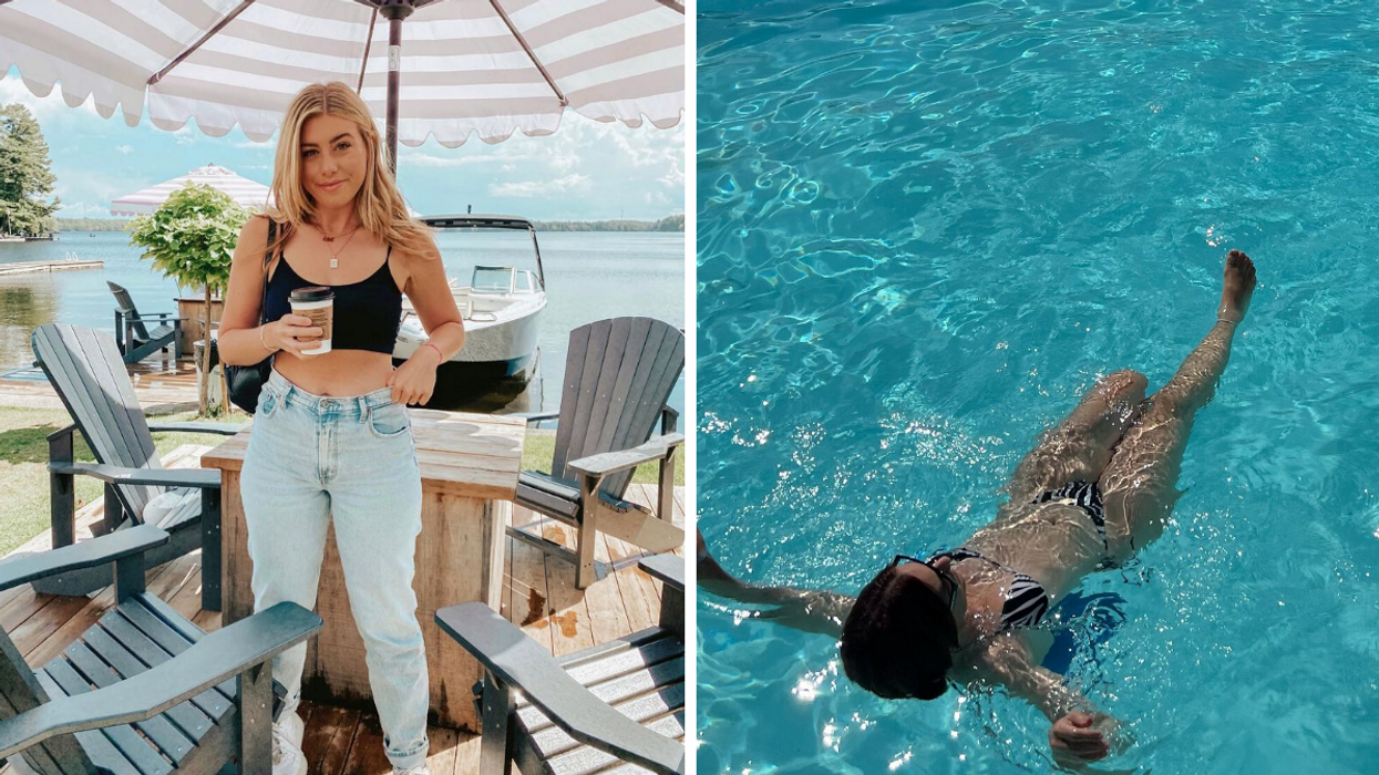 Une personne au bord de l'eau avec un café. Droite : Une personne dans une piscine.