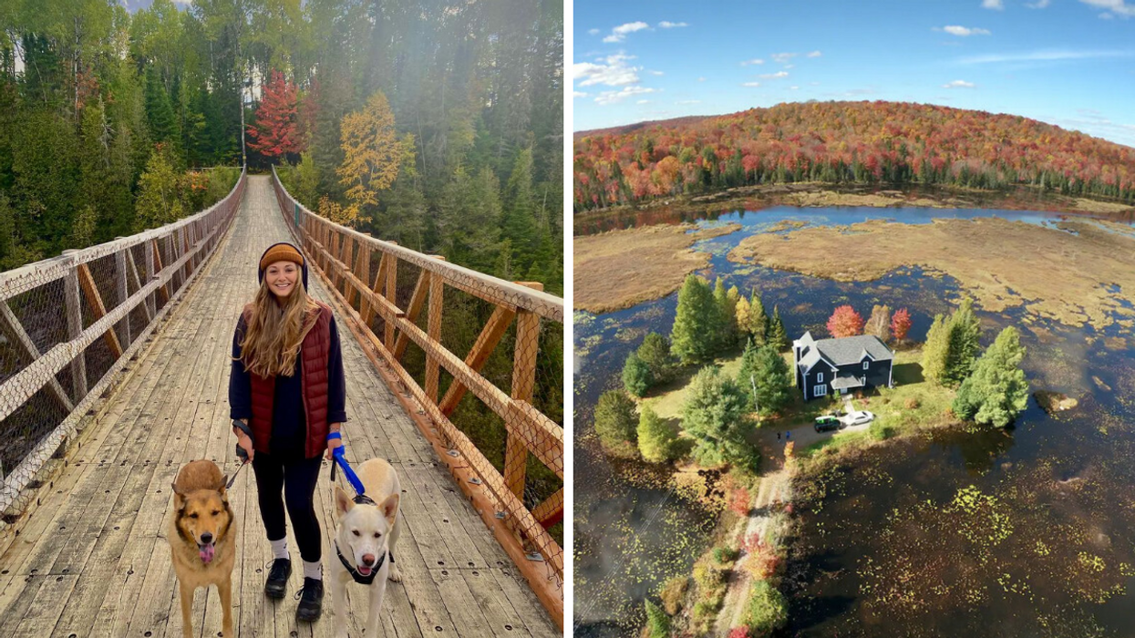 Une personne au Canyon des Portes de l'Enfer. Droite : Un Airbnb sur une presqu'île.
