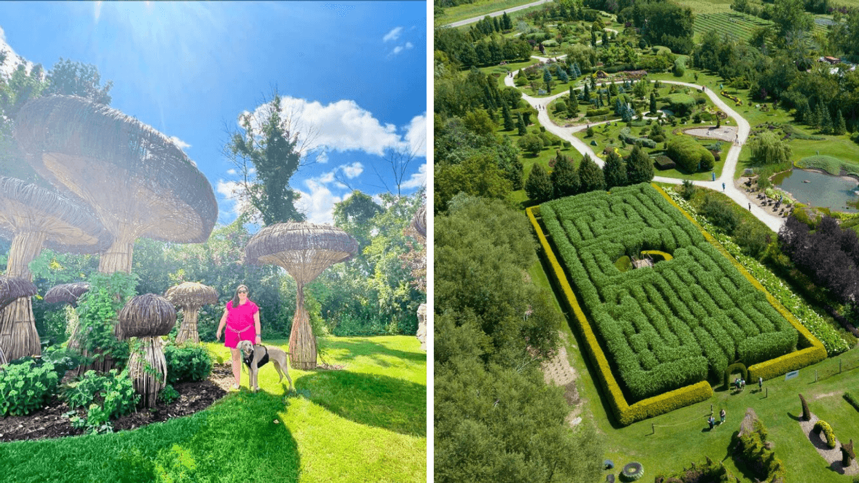 Une personne au Champs de Rêves. Droite : Le labyrinthe de Champs de rêves à Vaudreuil-Dorion.