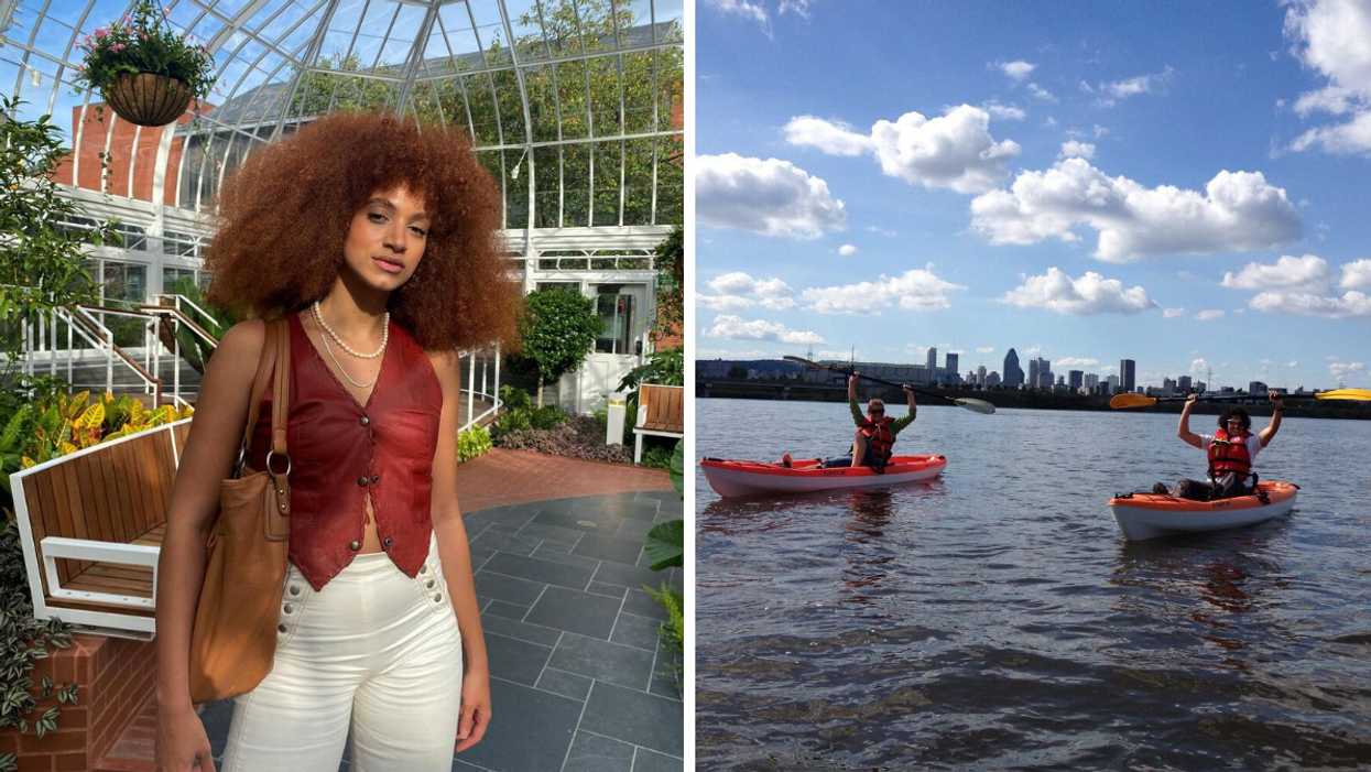 Une personne au Conservatoire de Westmount. Droite : Deux personnes en kayak.