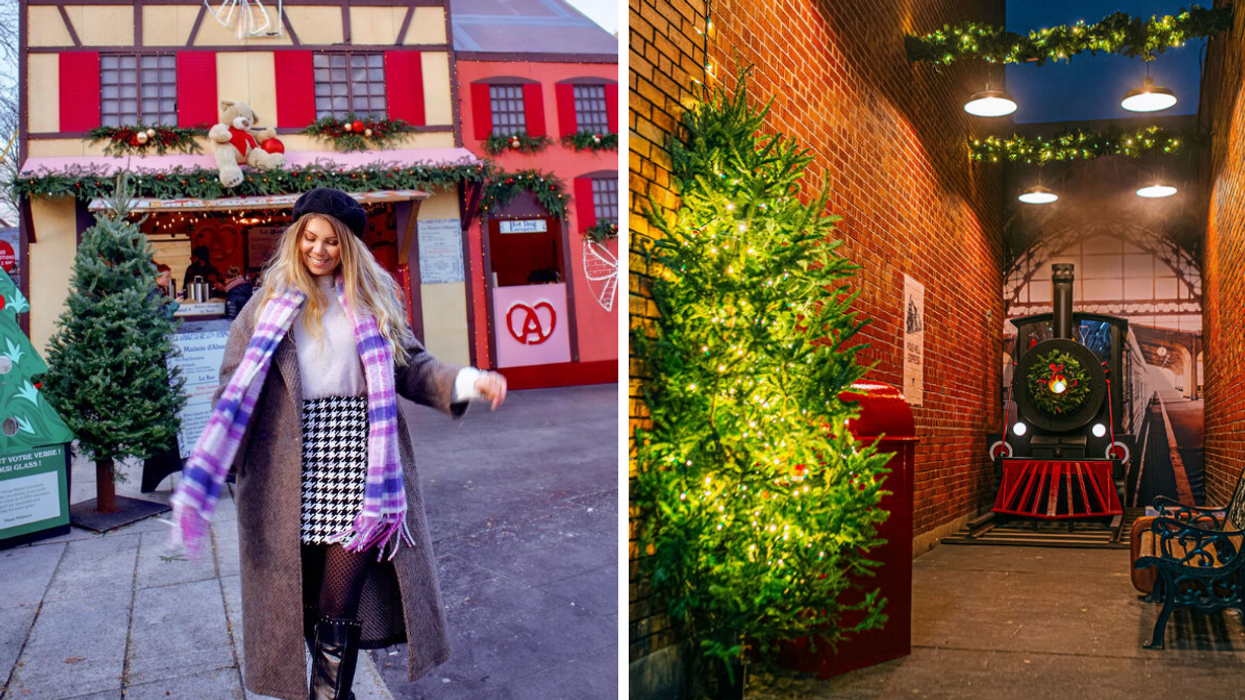 Une personne au Grand Marché de Noël. Droite : La Ruelle Enchantée de Pôle Well à Verdun.