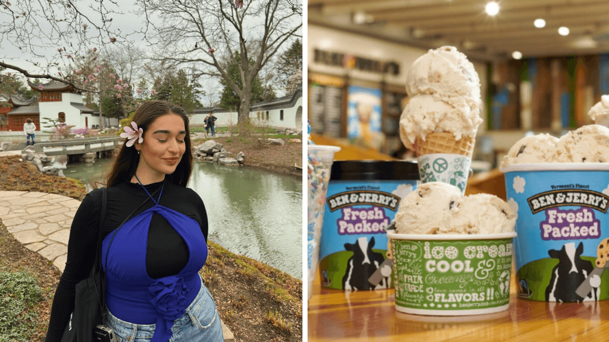 Une personne au Jardin botanique. Droite : Les crèmes glacées Ben & Jerry's.