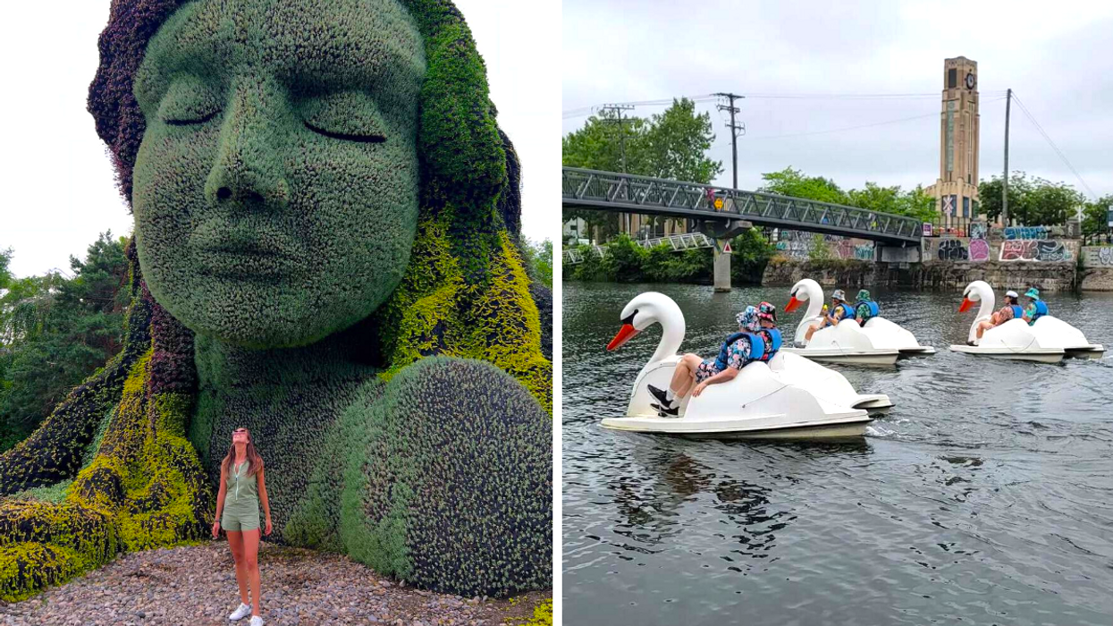 Une personne au Jardin des Floralies. Droite : Des pédalos en cygne.