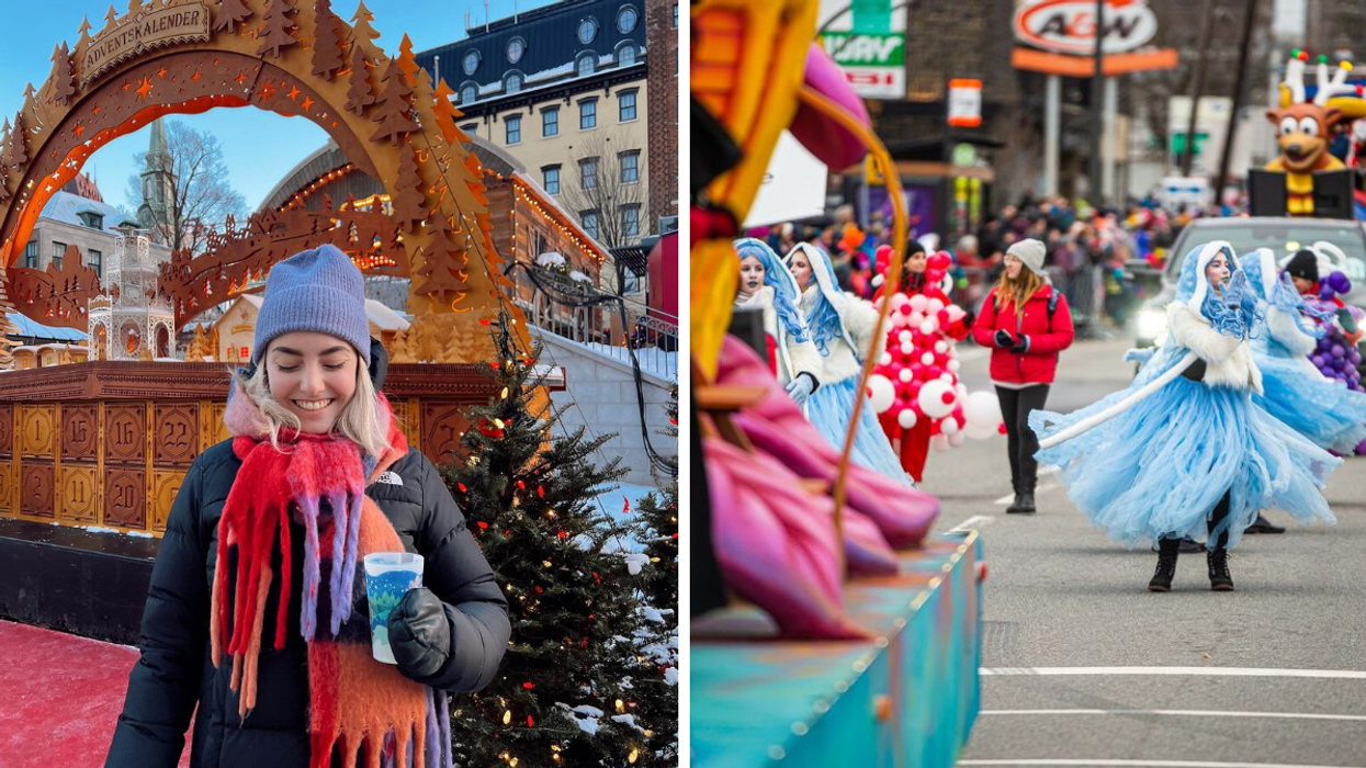 Une personne au Marché de Noël allemand de Québec. Droite : La Parade des jouets.
