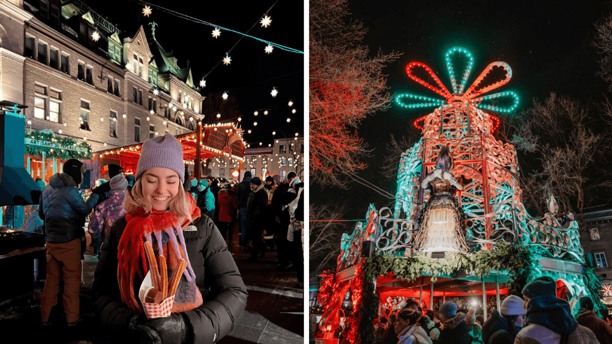 Une personne au Marché de Noël allemand de Québec. Droite : Le Marché de Noël allemand de Québec.