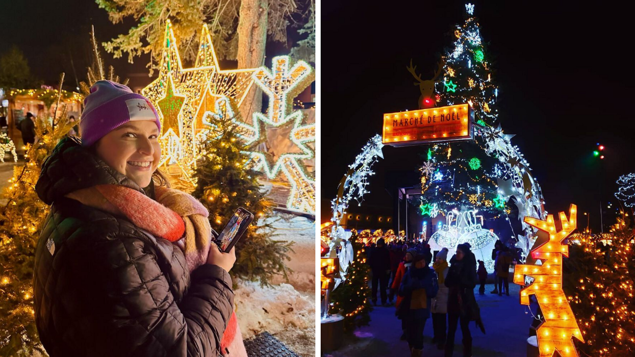Une personne au Marché de Noël européen de Saguenay. Droite : Les décors du Marché de Noël européen de Saguenay.