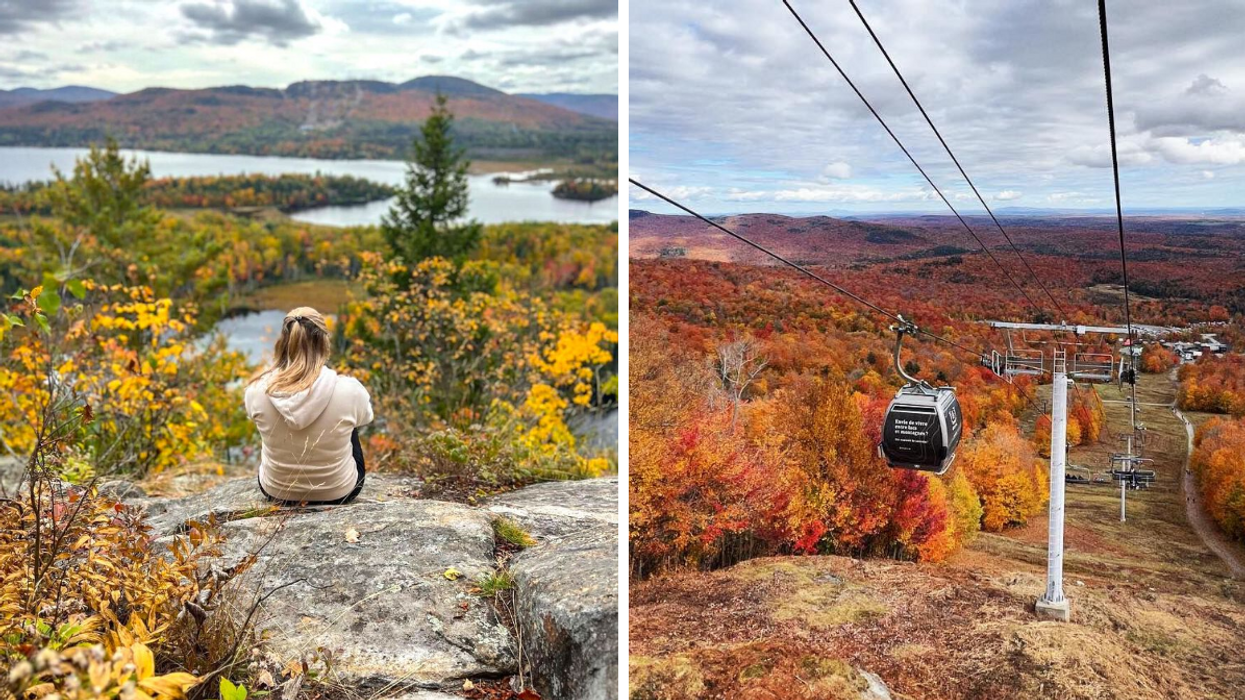 Une personne au Mont-Sourire à Saint-Donat. Droite : Le télésiège du Mont Orford.