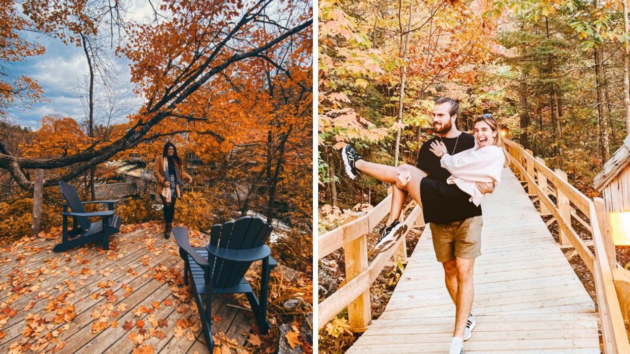 Une personne au Moulin Wakefield Hôtel et Spa au Québec. Droite : Un couple au Parc National de la Mauricie.