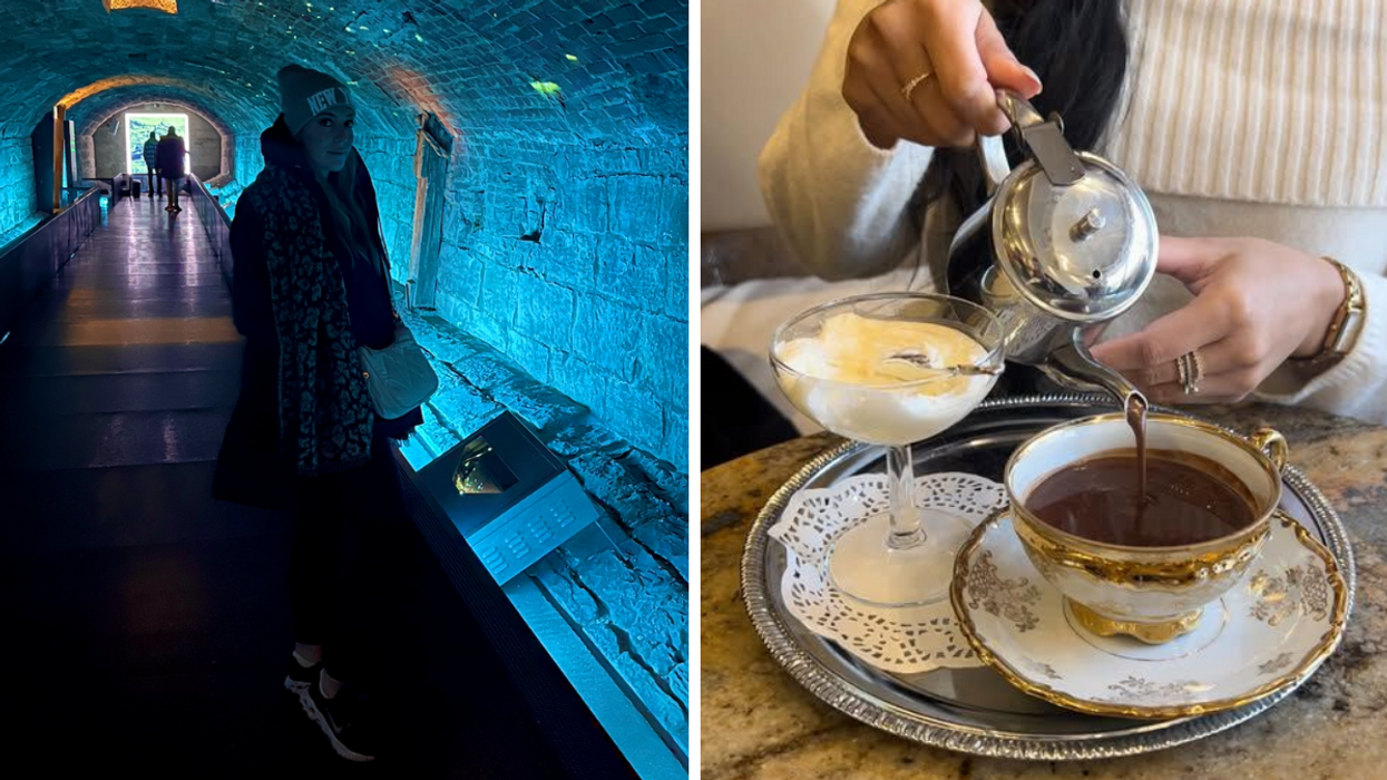 Une personne au musée Pointe-à-Callière. Droite : Le Choco Deluxe Set du Maison Sauvage Café à Montréal.