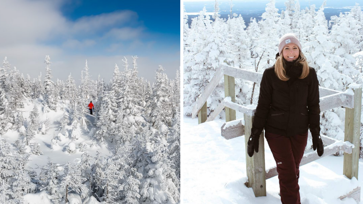 Une personne au parc national des Monts-Valin. Droite : Une personne devant un belvédère du parc national des Monts-Valin.