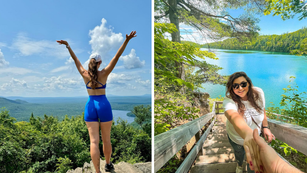 Une personne au parc national du Mont-Orford. Droite : Une personne devant le lac Pink.