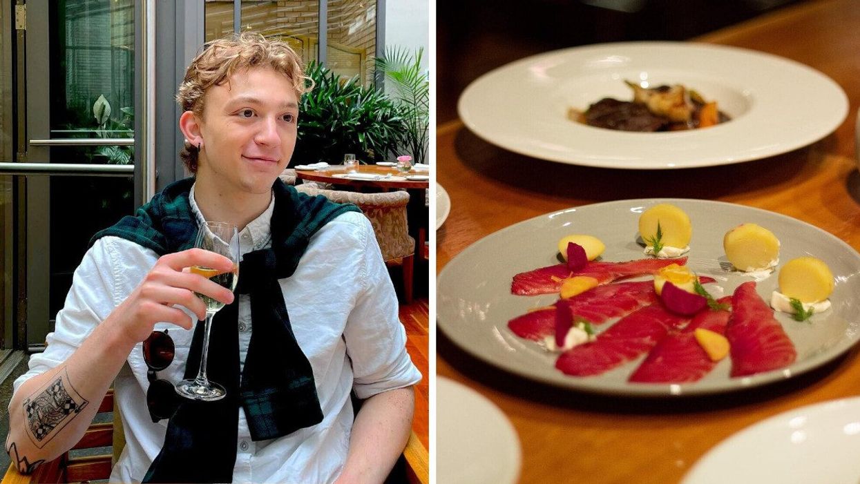 Une personne au restaurant avec un verre à la main. Droite : Des plats d'un restaurant à Montréal.