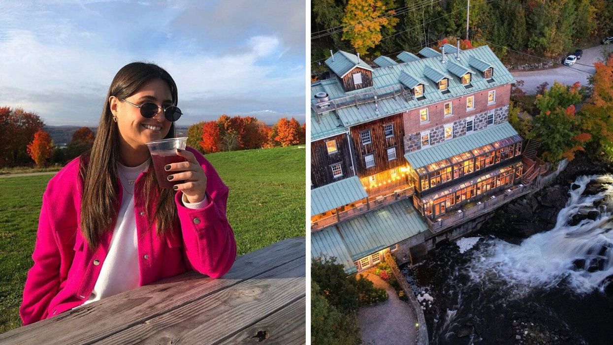 Une personne au restaurant Cassis & Mona en automne. Droite : Le Moulin Wakefield Mill Hotel & Spa en automne.