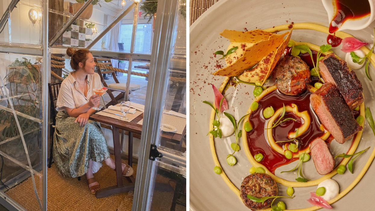 Une personne au restaurant Chez Muffy à Québec. Droite : L'un des plats de Maison Boulud à Montréal.