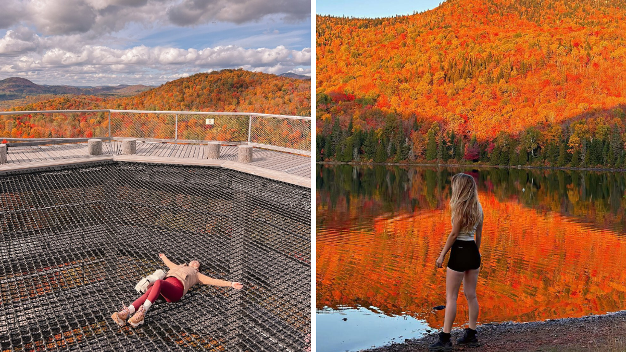 Une personne au sommet d'une tour. Droite : Une personne devant un lac et les couleurs d'automne.