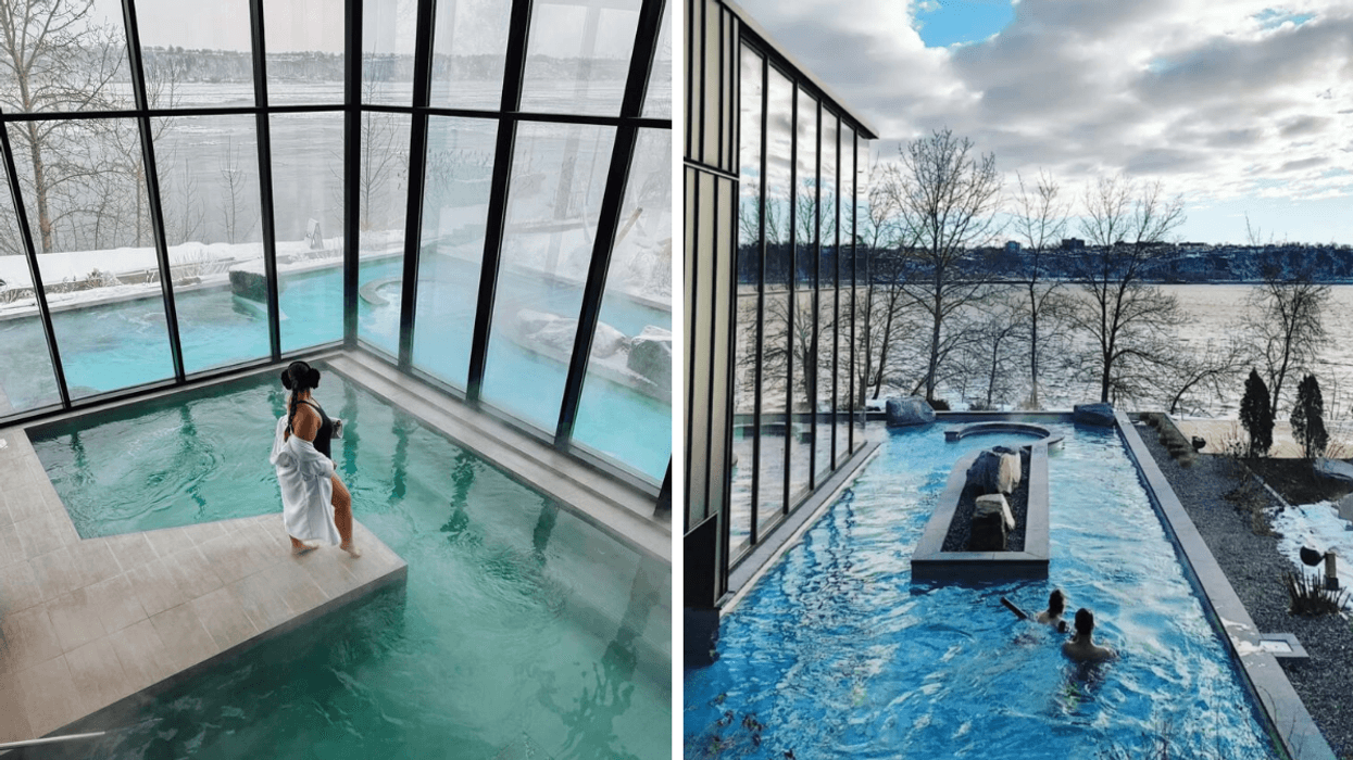 Une personne au Strom spa nordique de Québec. Droite : l'extérieur du Strom spa nordique de Québec.