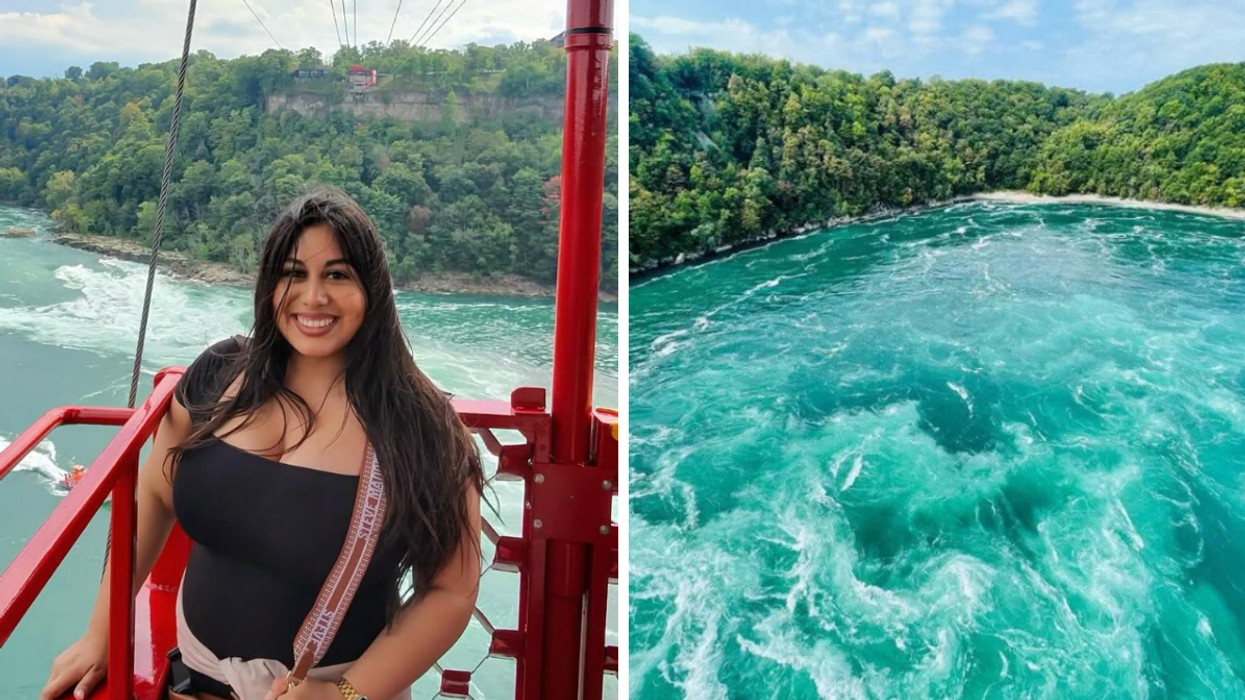 Une personne au Whirlpool de la rivière Niagara. Droite : Le Whirlpool de la rivière Niagara.