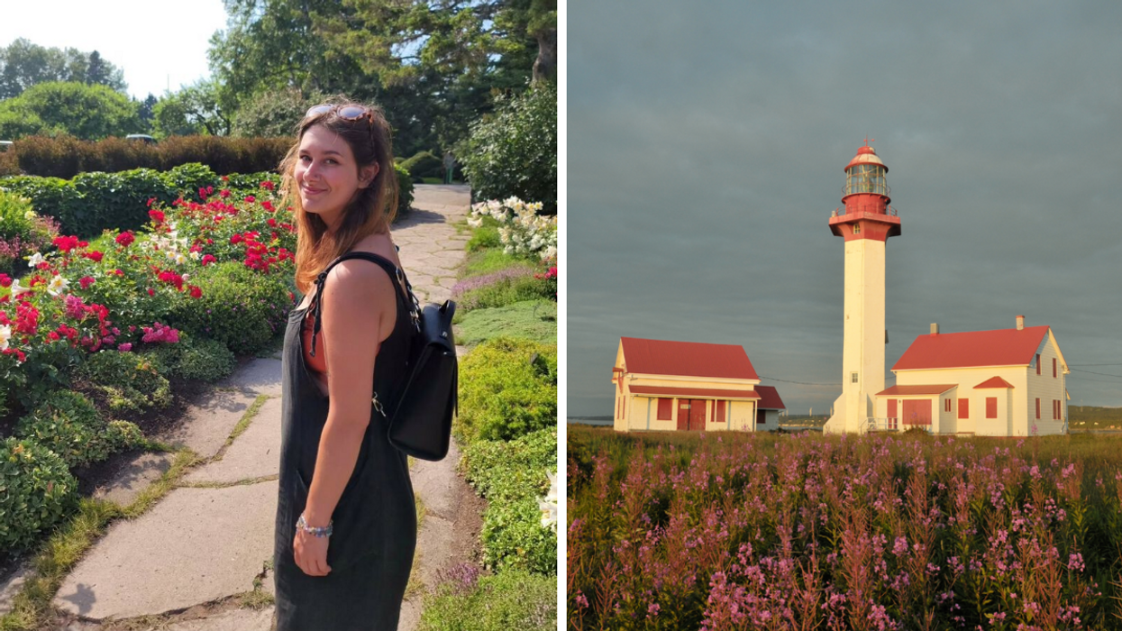 Une personne aux Jardins de Métis. Droite : Le Phare de Métis.