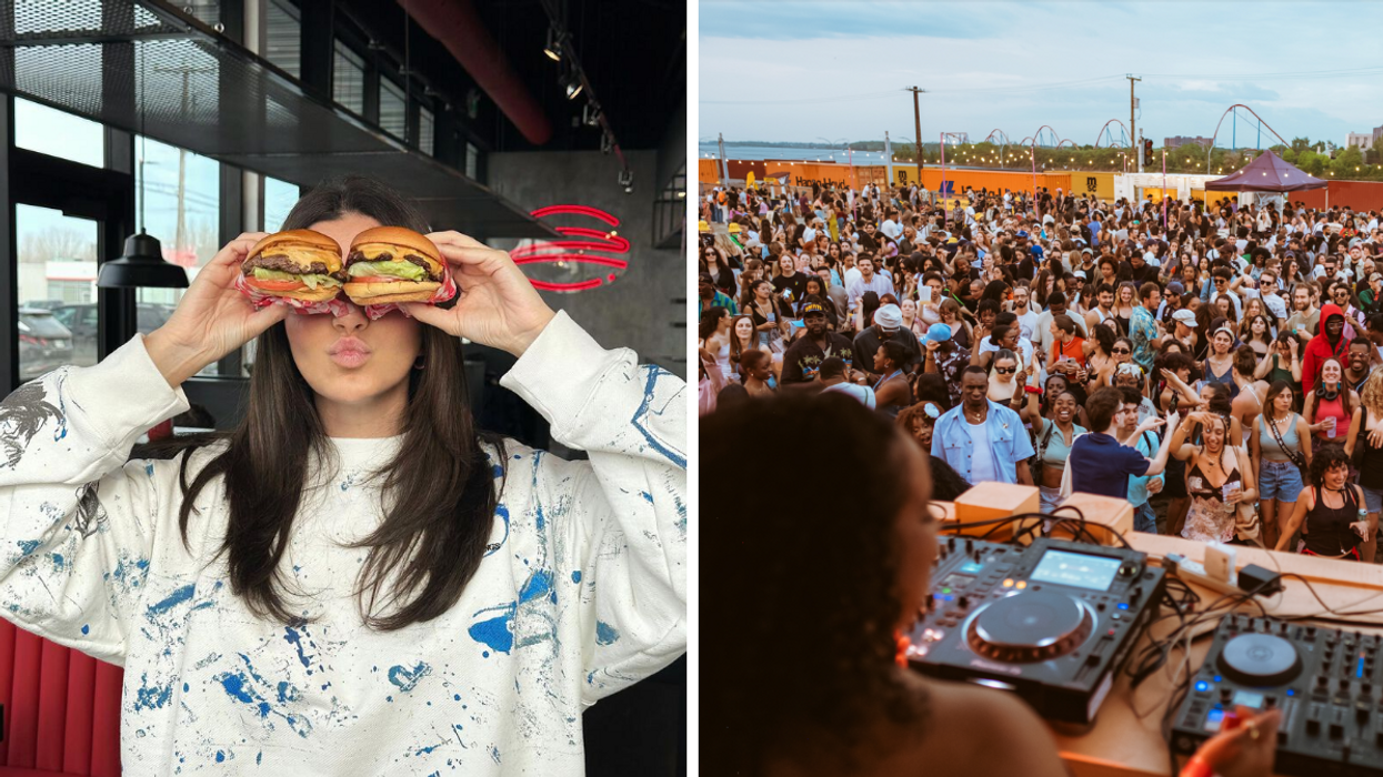 Une personne avec des burgers. Droite : Un party au Village au Pied-du-Courant.