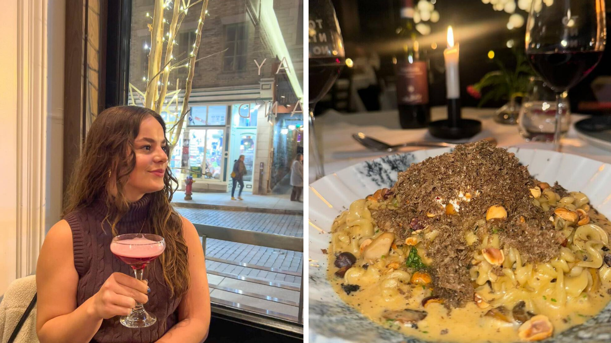 Une personne avec un cocktail à la main. Droite : Une plat de pâtes.