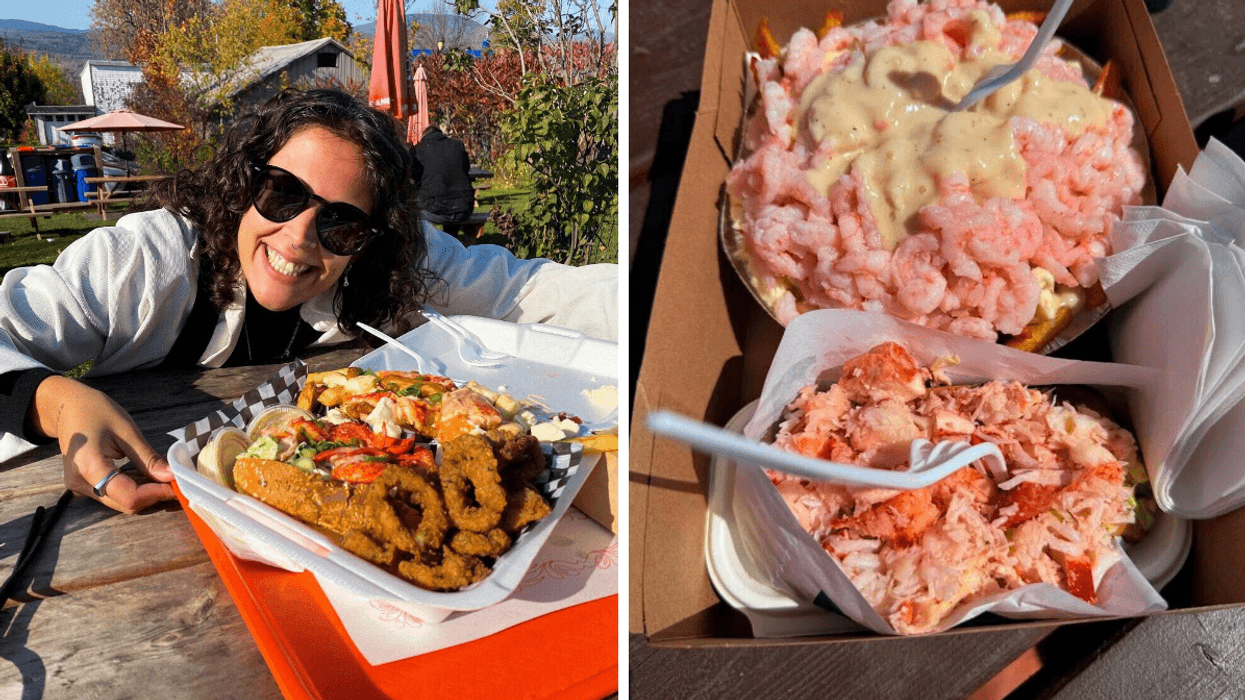 Une personne avec un plat de fruits de mer Chez Mag. Droite : Des assiettes de la Cantine Sainte-Flavie.