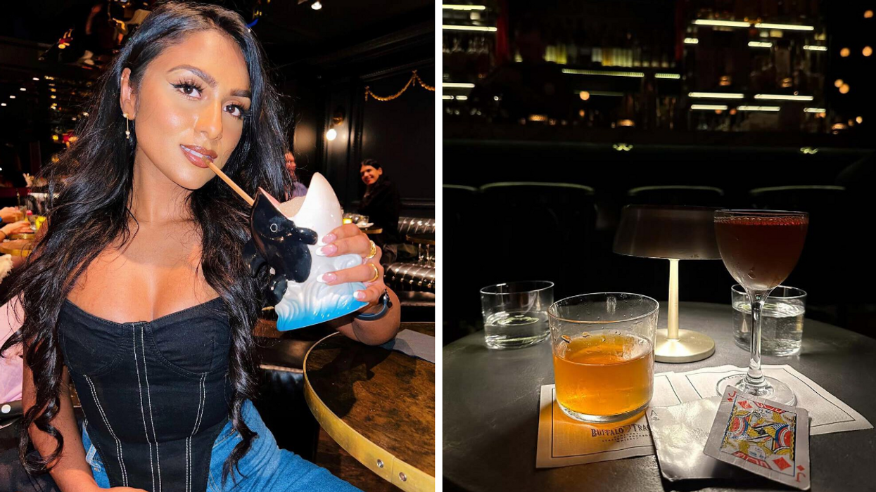 Une personne avec un verre à cocktail en forme de baleine au Atwater Cocktail Club. Droite : Des cocktails du Cloakroom à Montréal.