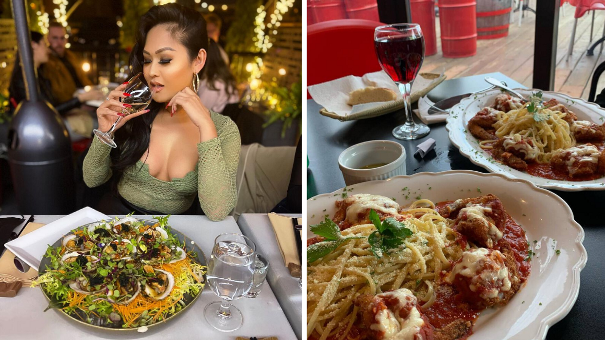 Une personne avec un verre de vin au resto Torii Sushi. Droite : Deux plats de pâtes avec un verre de vin à La grange urbaine.