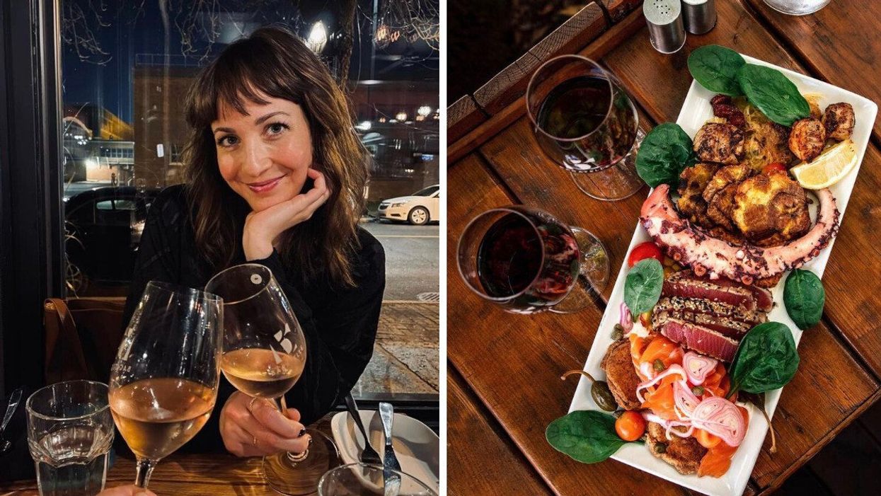 Une personne avec une coupe de vin. Droite : Plat du restaurant La Bagatelle.