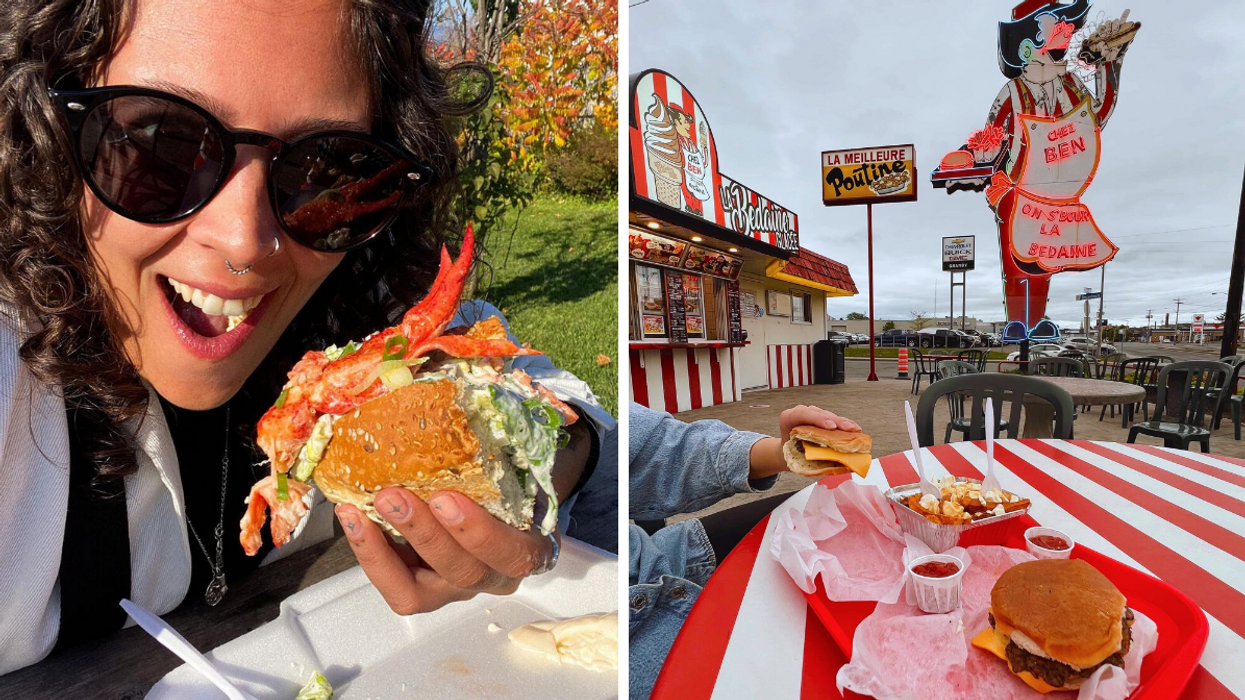 Une personne avec une guedille au homard à la main. Droite : Une table du Chez Ben avec des burgers et une poutine.