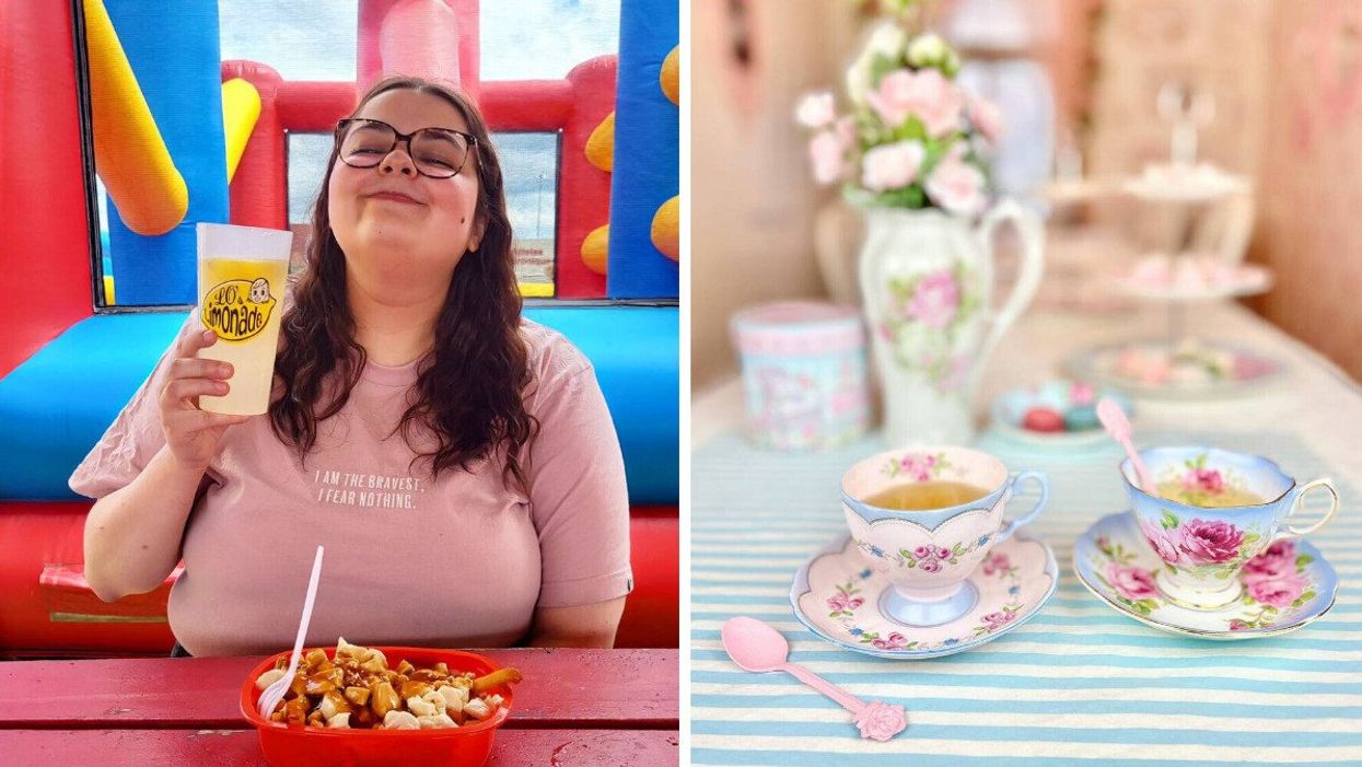 Une personne avec une poutine et un verre de limonade devant une structure gonflable. Droite : Des tasses de thé fleuries sur une table.