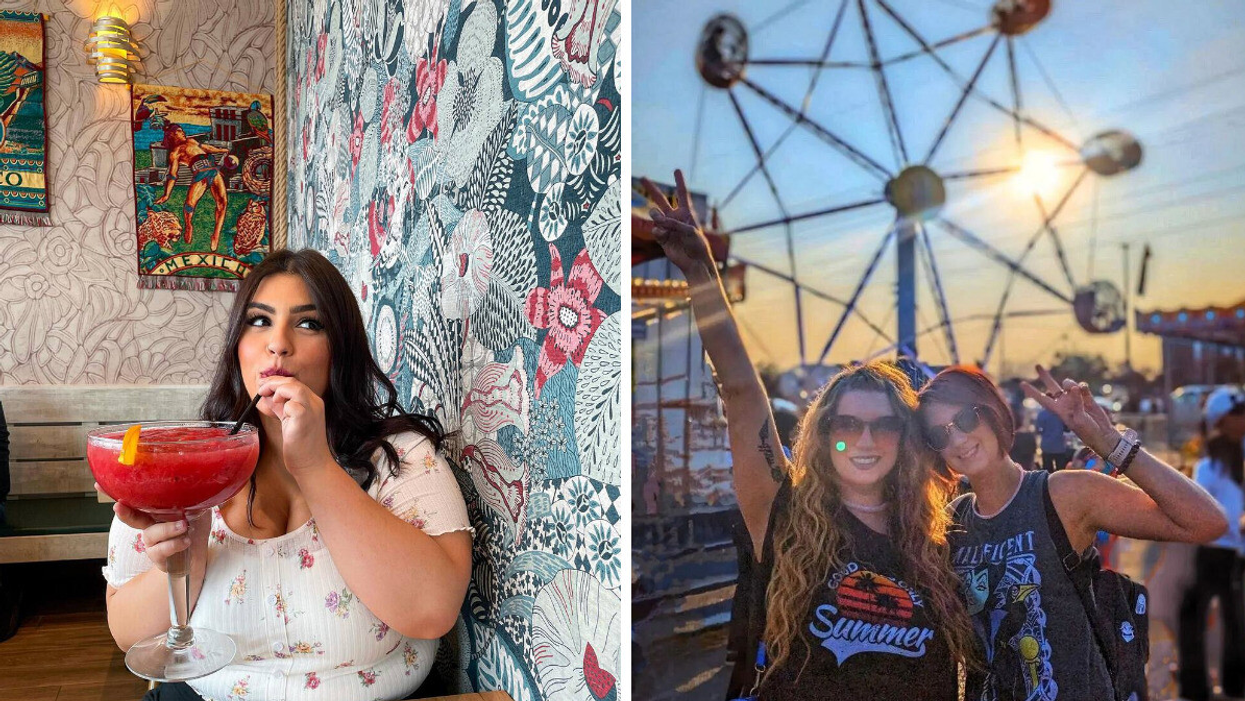 Une personne buvant dans un verre surdimensionné. Droite : Deux personnes devant une grande roue.