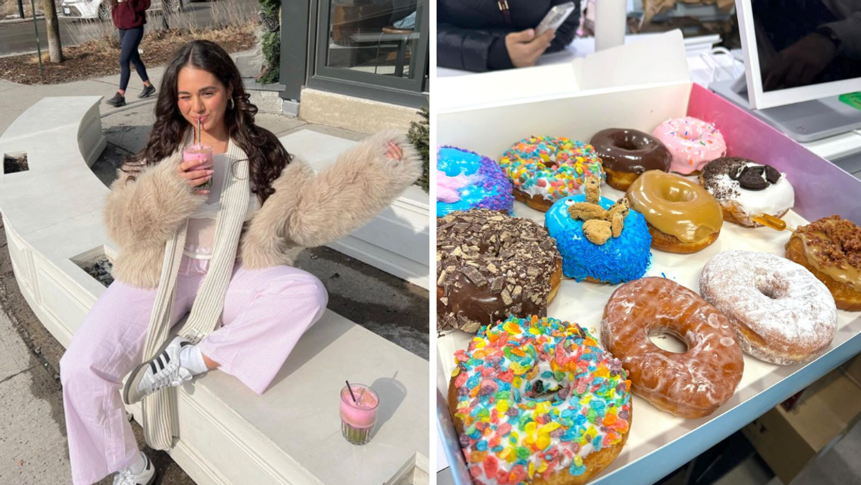 Une personne buvant un latté au matcha avec de la mousse rose. Droite : Une boite de douze beignes colorés.
