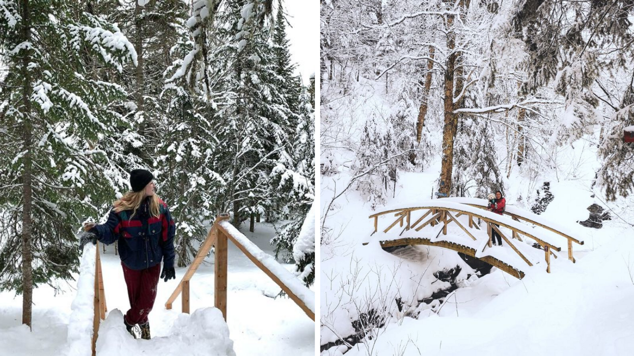 Une personne dans des escaliers enneigés du Parc des Appalaches. Droite : Une personne tenant un chien sur une passerelle du Parc des Appalaches.