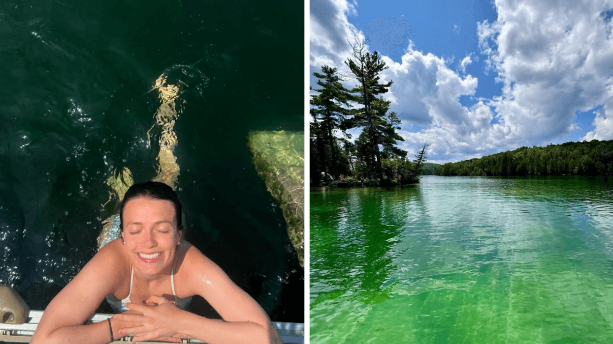Une personne dans l'eau. Droite : Un lac émeraude.