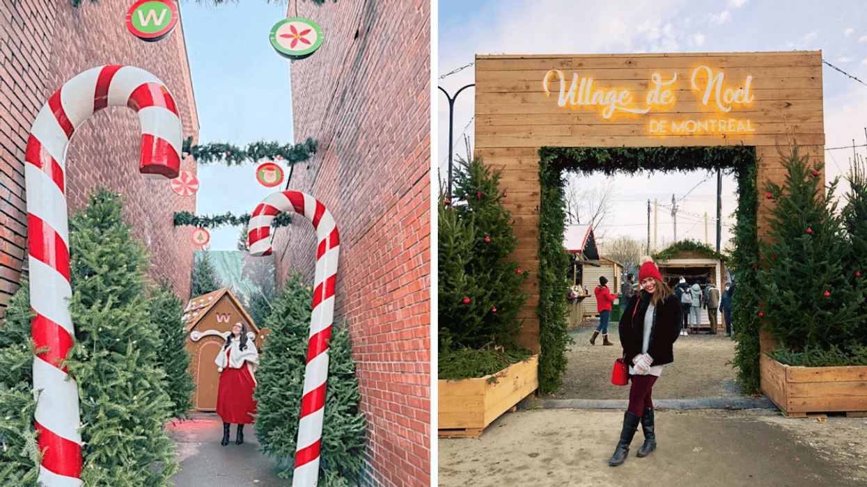 Une personne dans la ruelle de Pôle Well. Droite : Une personne au Village de Noël de Montréal.